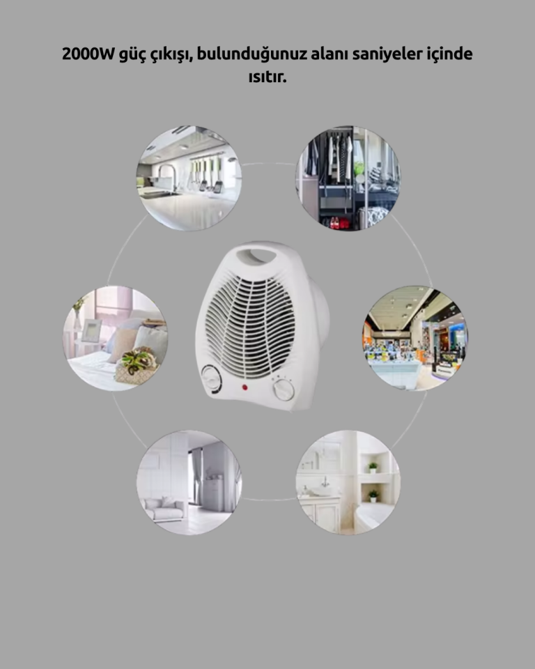 Mini Elektrikli Isıtıcı 2000W – Termostatlı Fanlı Isıtma, Taşınabilir Tasarım