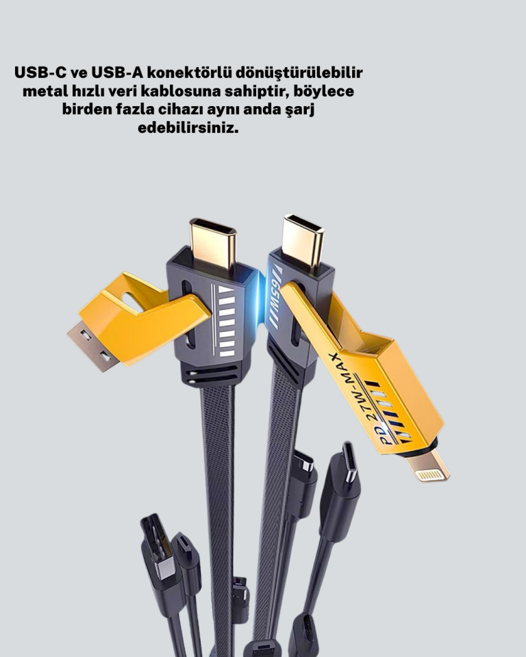 Hızlı Şarj Destekli 65W Örgülü USB-C ve USB-A Çoklu Şarj Kablosu