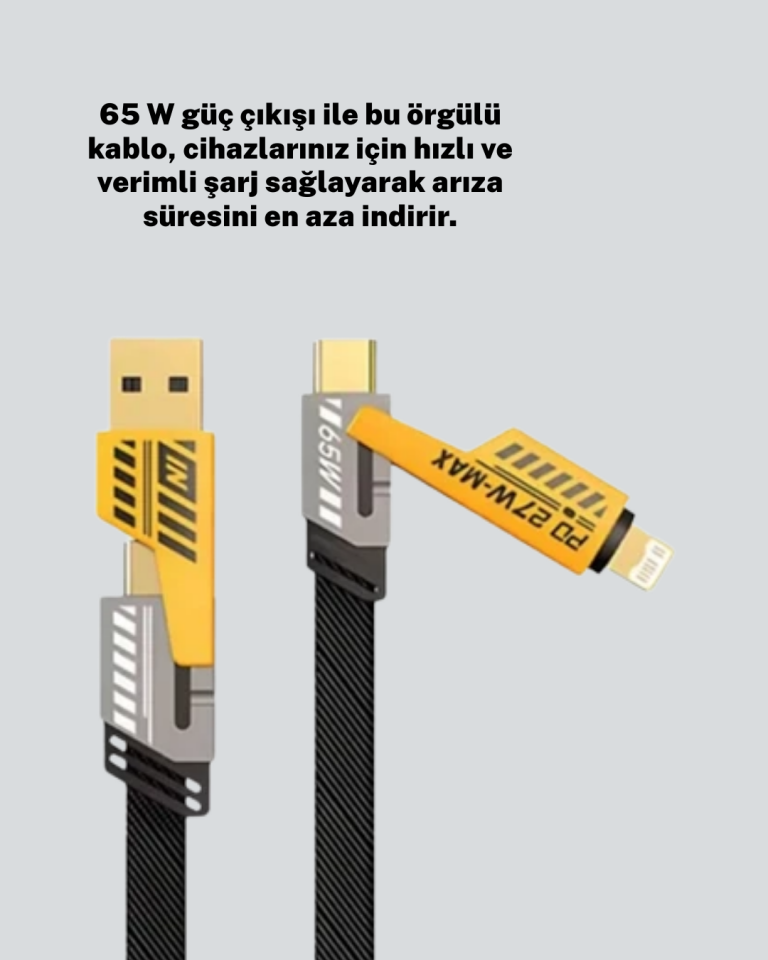 Hızlı Şarj Destekli 65W Örgülü USB-C ve USB-A Çoklu Şarj Kablosu
