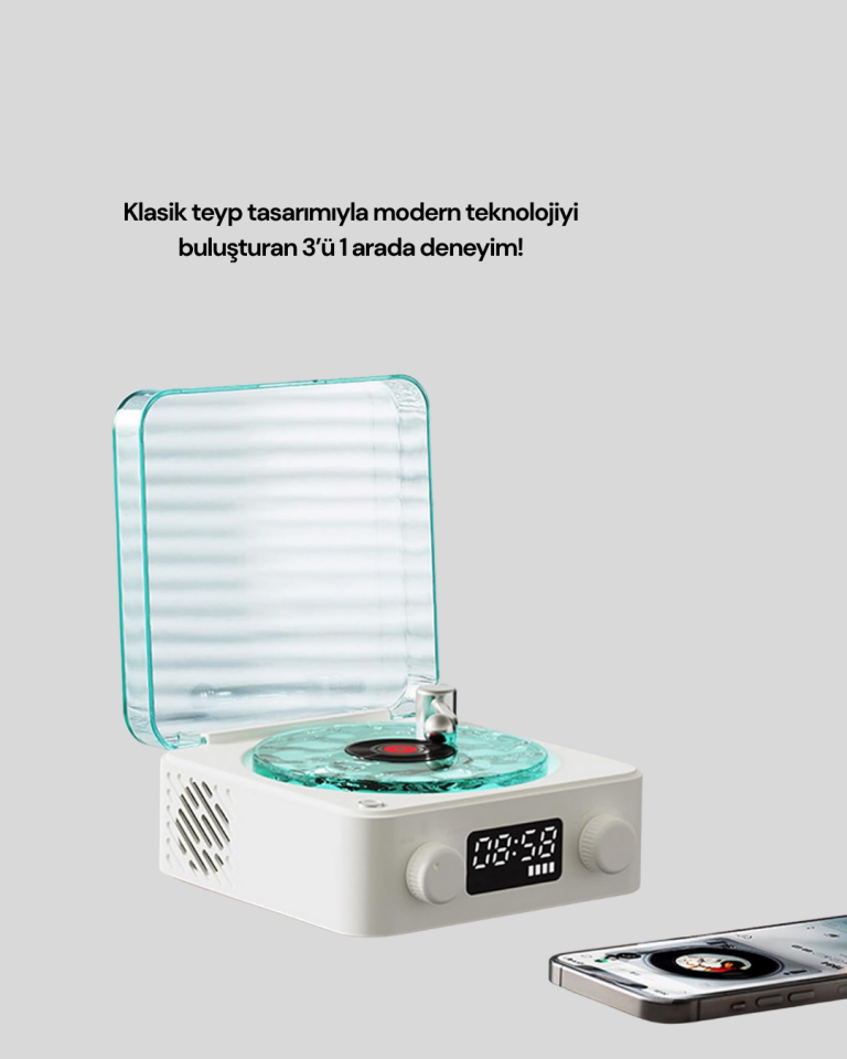 Retro Tasarımlı Gece Lambalı Bluetooth Hoparlör – Saat ve Pil Göstergeli