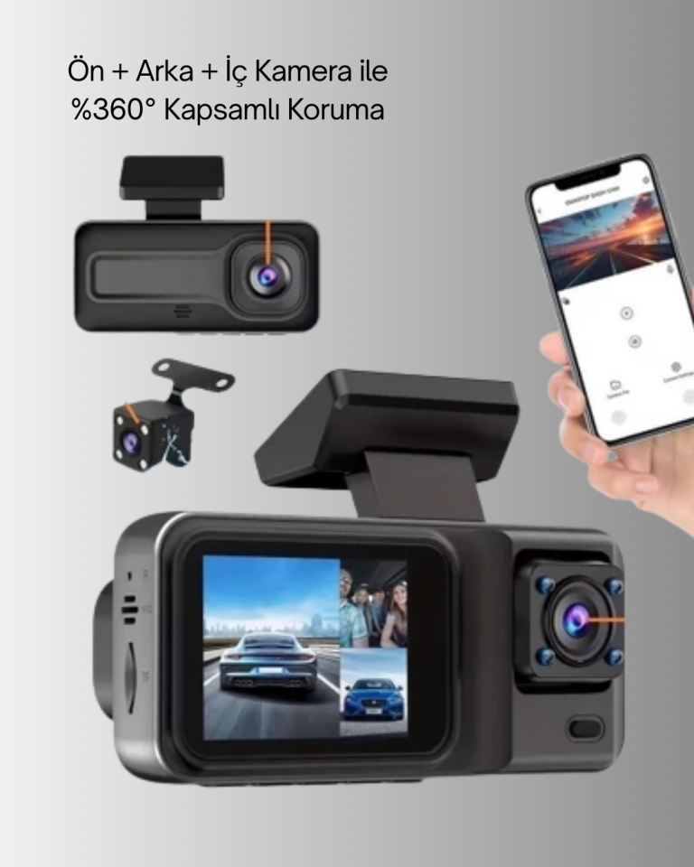 1080P Üç Kameralı Araç Kamerası Wi-Fi Destekli Park Modu ve G-Sensörlü