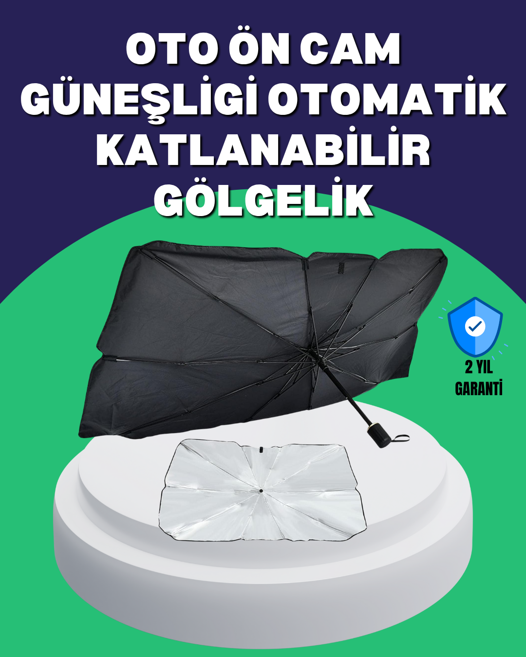Şemsiye Tasarımlı Katlanabilir Araç Güneşliği – Geniş Uyumlu, UV Koruma