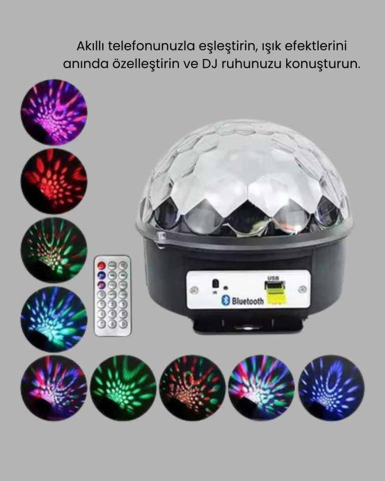 Bluetooth Kontrollü Masaüstü Disko Topu Işığı – Renkli LED Işık Gösterisi ve Uzaktan Kumanda