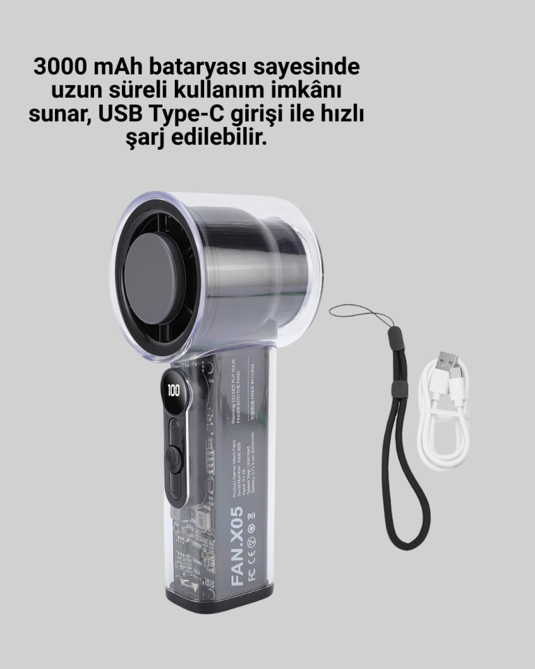 Dijital Ekranlı Şarjlı Mini Fan 100 Kademeli Hız Ayarı