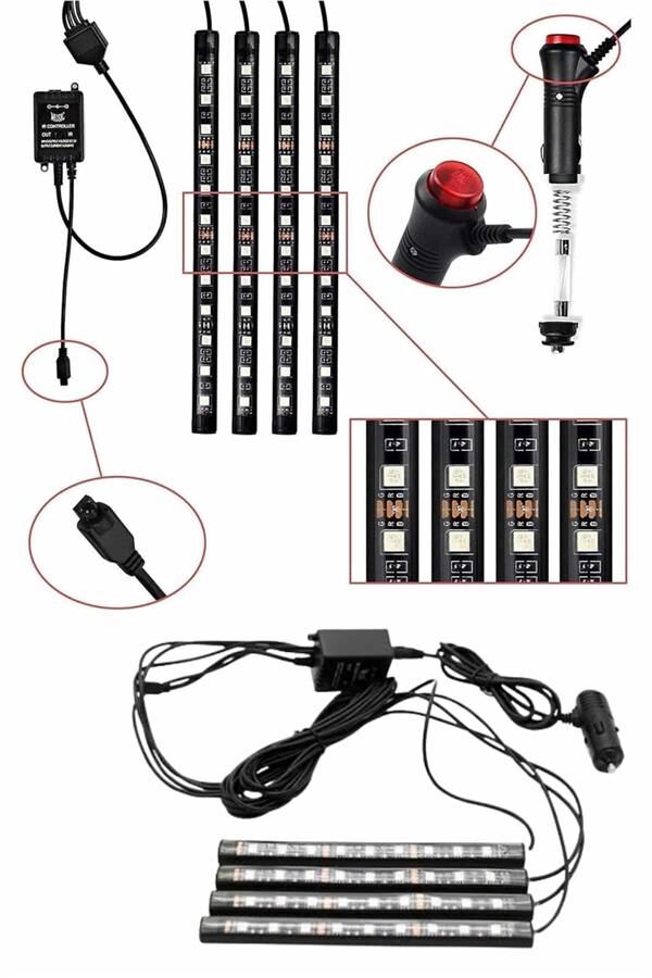 RGB Işıklı Araç İçi Aydınlatma Kumandalı 12'li Led Işık Renk Değiştirebilen