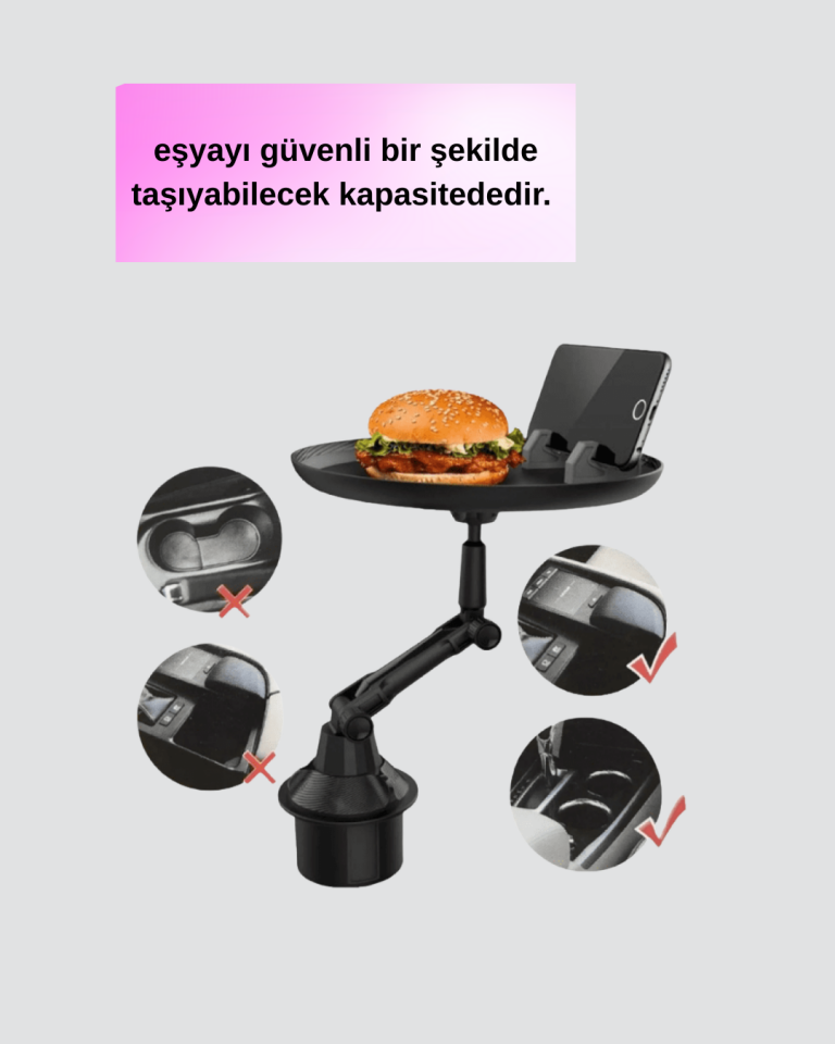 Ayarlanabilir Araç İçi Bardaklık Tepsisi 9 İnç Geniş Alan ve Telefon Standlı