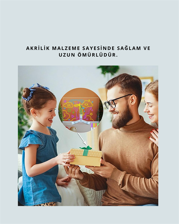 LED Işıklı Şeffaf Yazı Tahtası – Neon Etkili Akrilik Pano, Silinebilir, 7 Renkli Kalemli, 30x20 cm