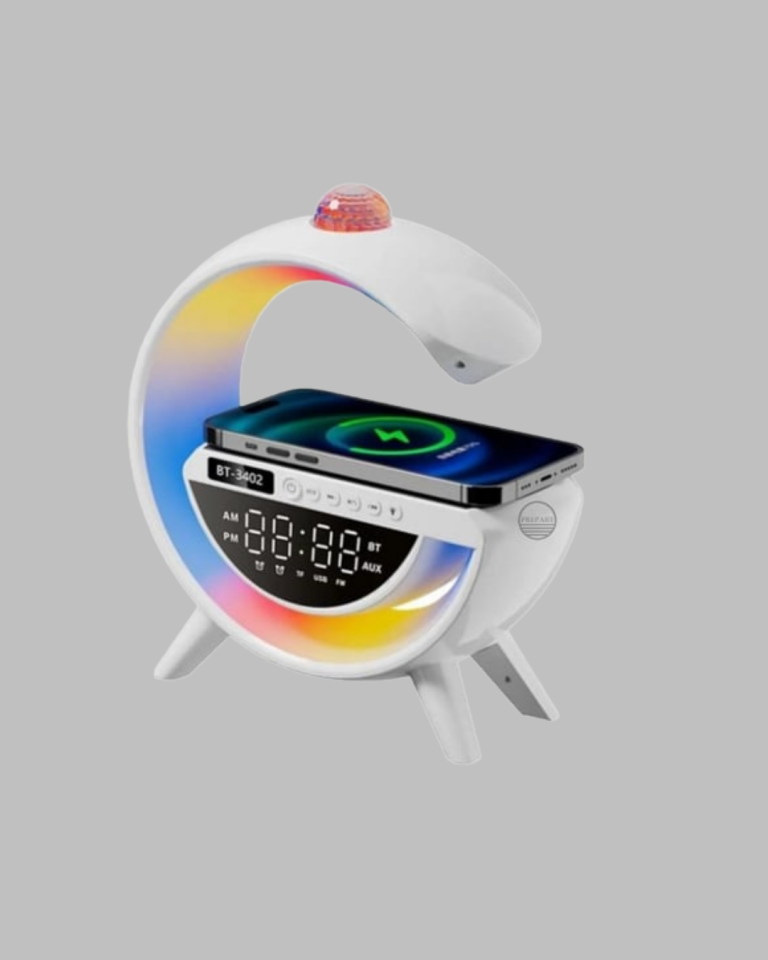 Dijital Saatli Kablosuz Şarj Destekli RGB LED Işıklı Bluetooth Ses Sistemi