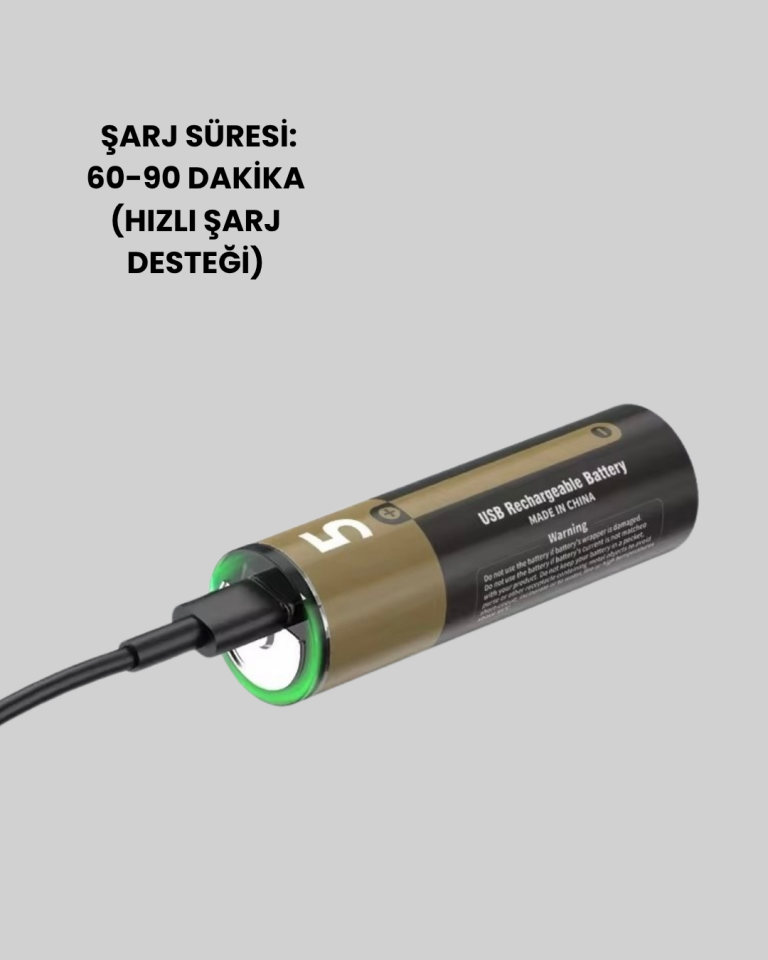 USB Type-C ile Hızlı Şarj Edilebilen AA Lityum Pil