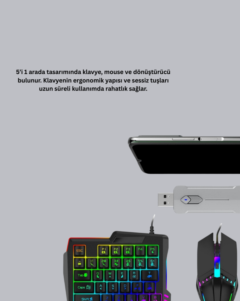 Mobil Gaming Set Klavye + Mouse + Dönüştürücü 5’li Paket Yüksek DPI Bluetooth