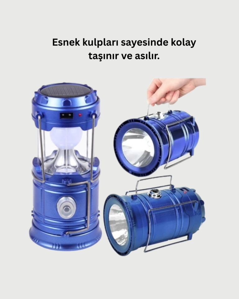 Şarj Edilebilir Güneş Enerjili Kızaklı Kamp Feneri – USB Çıkışlı, Katlanabilir, Dayanıklı ve Çok Fonksiyonlu