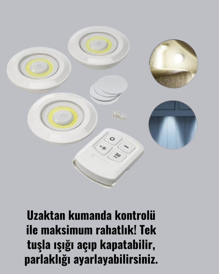 Uzaktan Kumandalı 3 Lü Kablosuz Led Spot Lamba Seti Yapışkanlı Pratik Kullanım