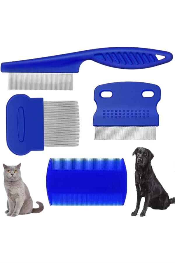 4'lü Bit Pire Tarağı Set Kedi Köpek Evcil Hayvan Tüy Toplayıcı Mavi
