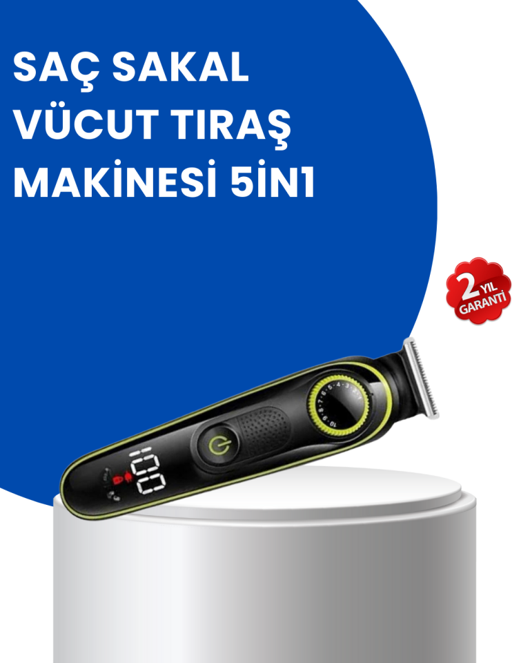 Uzun Pil Ömürlü LED Göstergeli Erkek Bakım Seti 5-in-1 Saç Sakal Tıraş Makinesi