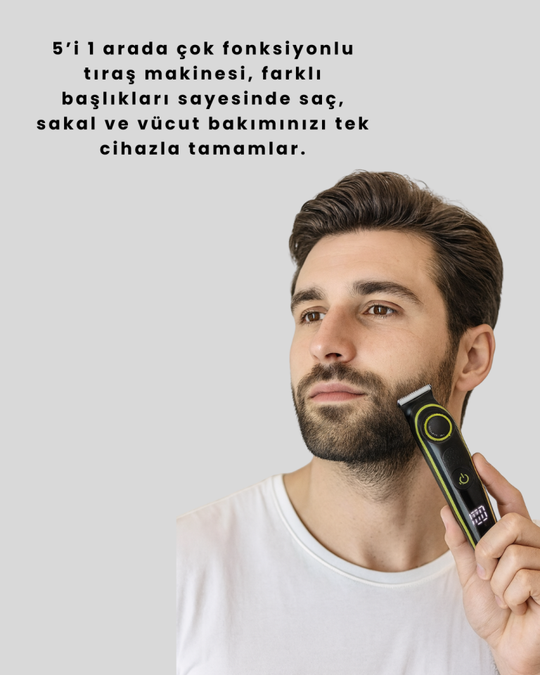 LED Ekranlı Şarjlı Saç ve Sakal Kesme Makinesi Erkek Bakım Cihazı Çok Başlıklı Set