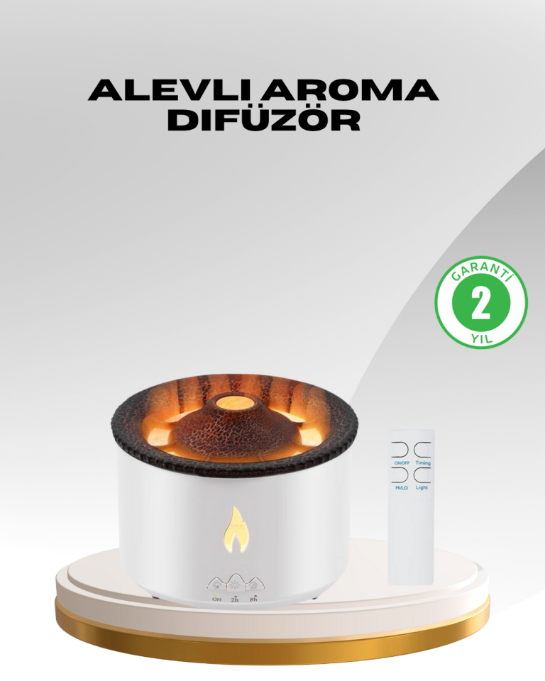 Alev Efektli Aromaterapi Difüzörü – 360 ml Su Hazneli, Sessiz ve Zaman Ayarlı