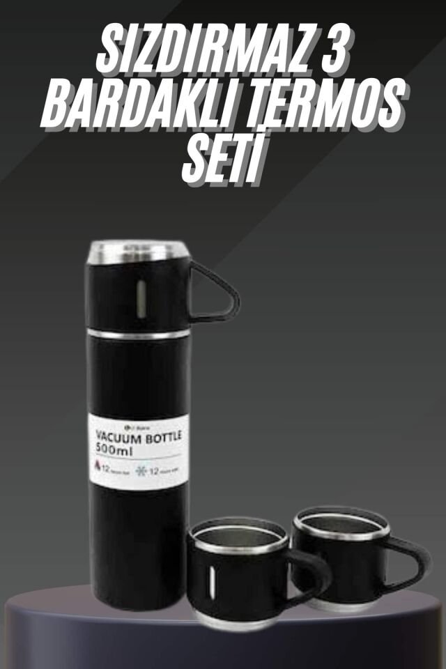 Termos Seti Paslanmaz Çelik 3 Bardaklı Vakumlu Termos Set 500 Ml 12 Saate Kadar Isı Koruma