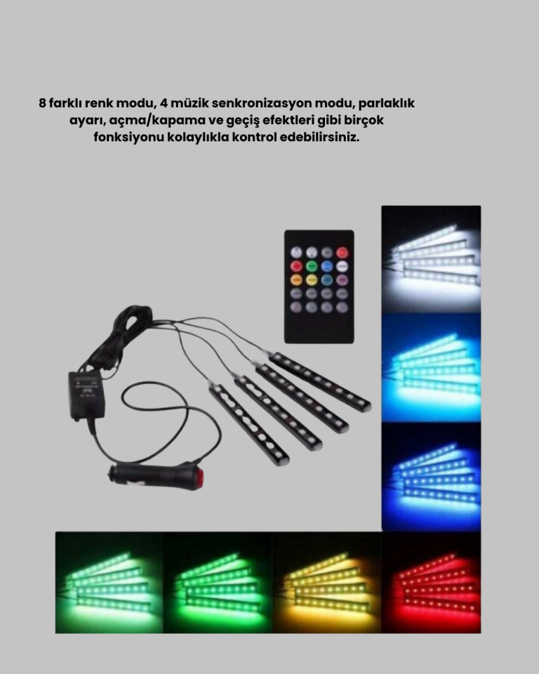 RGB Müzik Kontrollü Araç LED Işık Seti 48 LED 12V Uzaktan Kumandalı