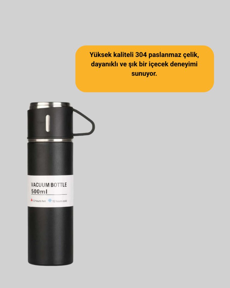 Isıyı Uzun Süre Koruyan 500 ml Termos Seti | Çelik Gövde, 2 Bardaklı, Hediye Kutulu