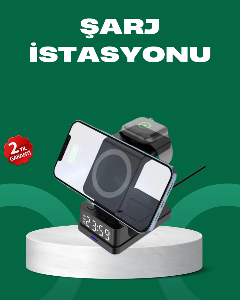 Dijital Saatli Kablosuz Şarj İstasyonu – 3’ü 1 Arada Apple Uyumlu Hızlı Şarj ve LED Ekran