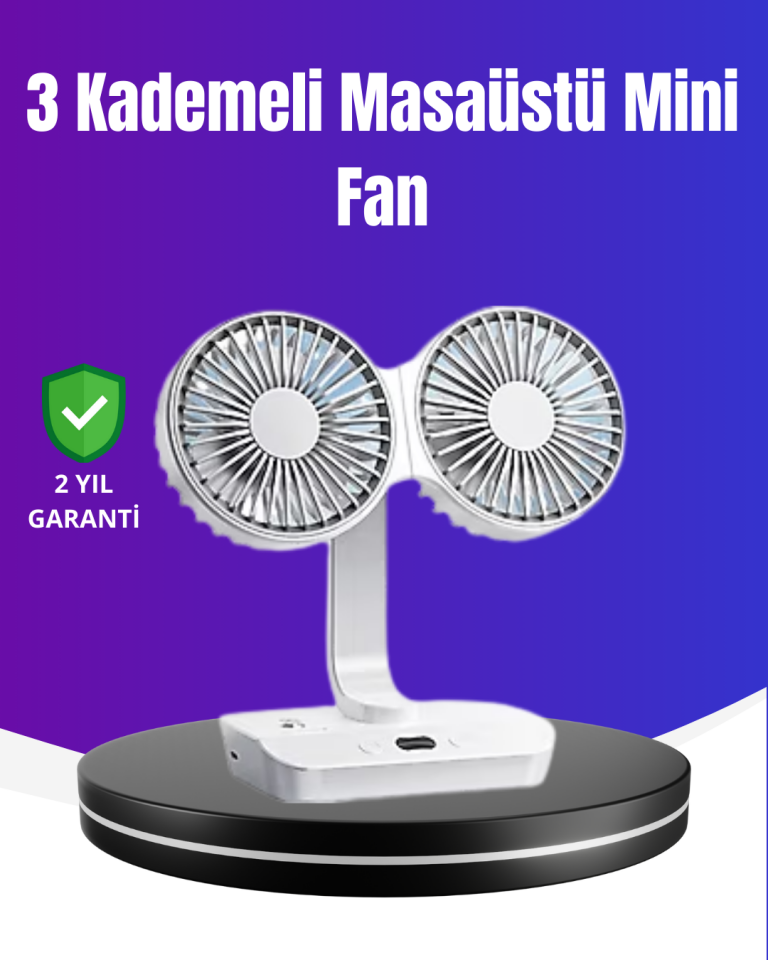 720° Döner Çift Taraflı Masaüstü Vantilatör – USB Şarjlı Sessiz Fan
