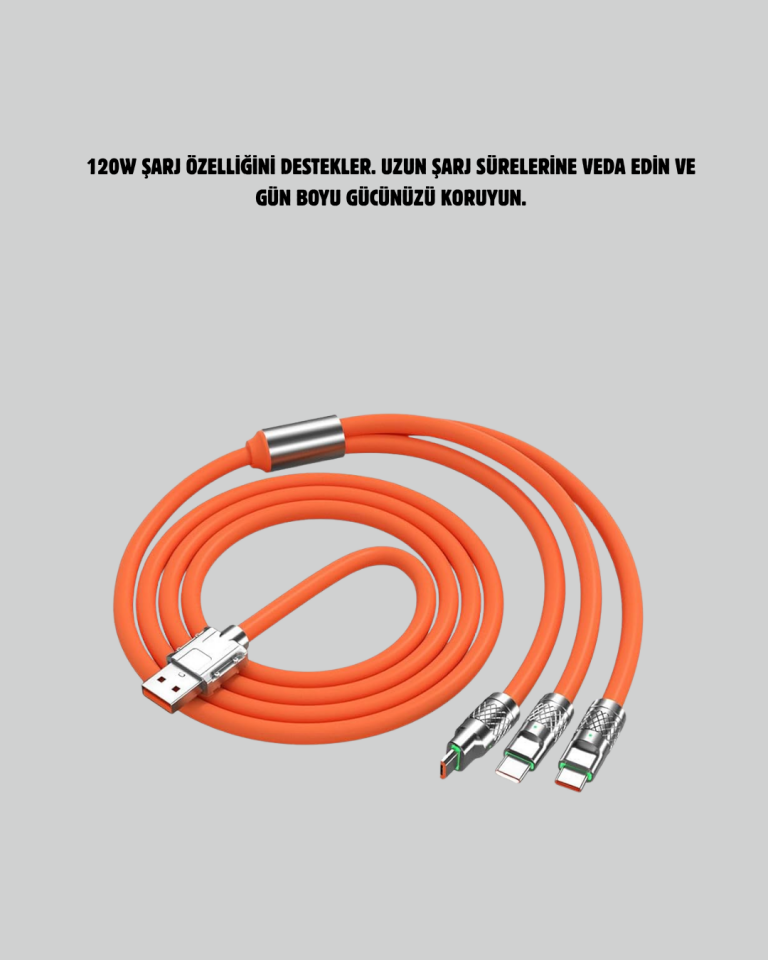120 W Şarj ve Veri Aktarımı Kablo– 3 Başlıklı Çok Amaçlı Kablo Yüksek Hızlı