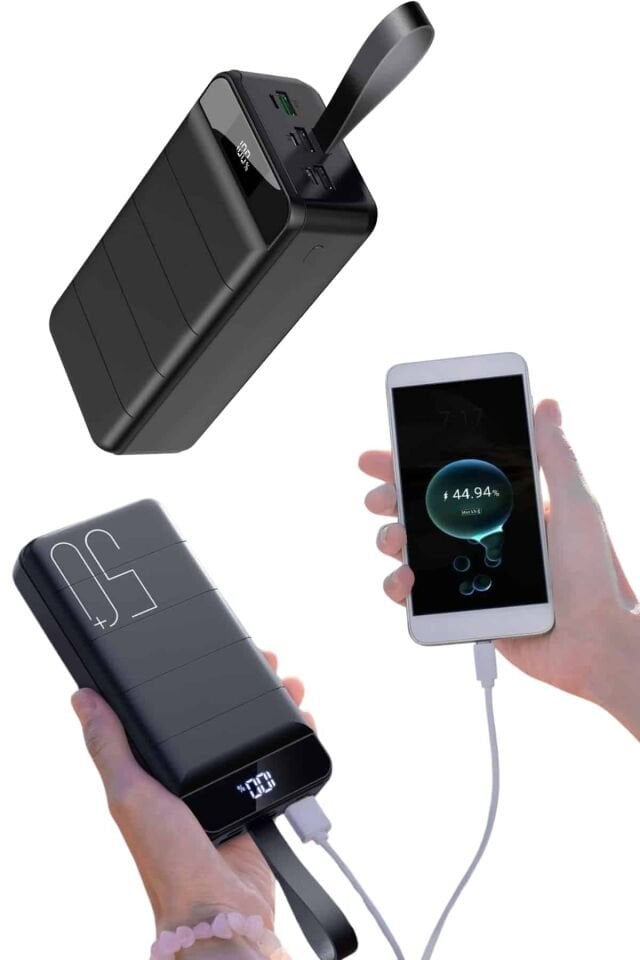 Taşınabilir Powerbank 50.000 mAh 4 Girişli Hızlı Şarj Led Göstergeli Fenerli Şarj