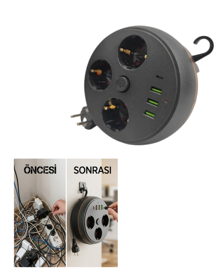 Güvenli Çoklu Priz 3 Priz 3 USB 1 Type C Termal Koruma Uzun Kablo