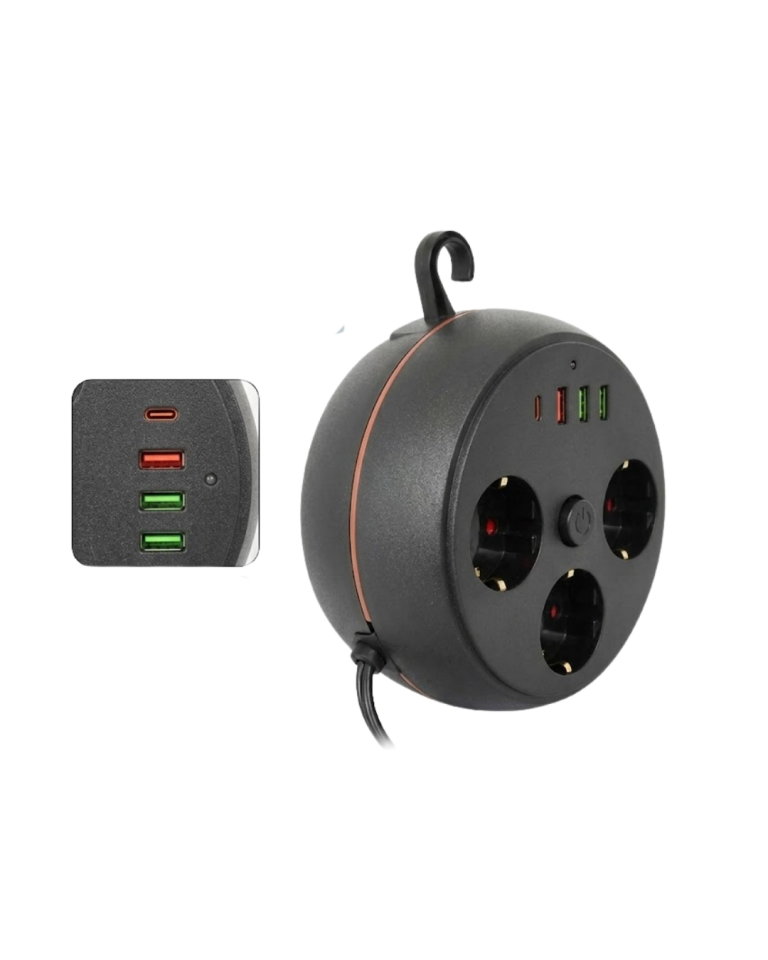 Güvenli Çoklu Priz 3 Priz 3 USB 1 Type C Termal Koruma Uzun Kablo