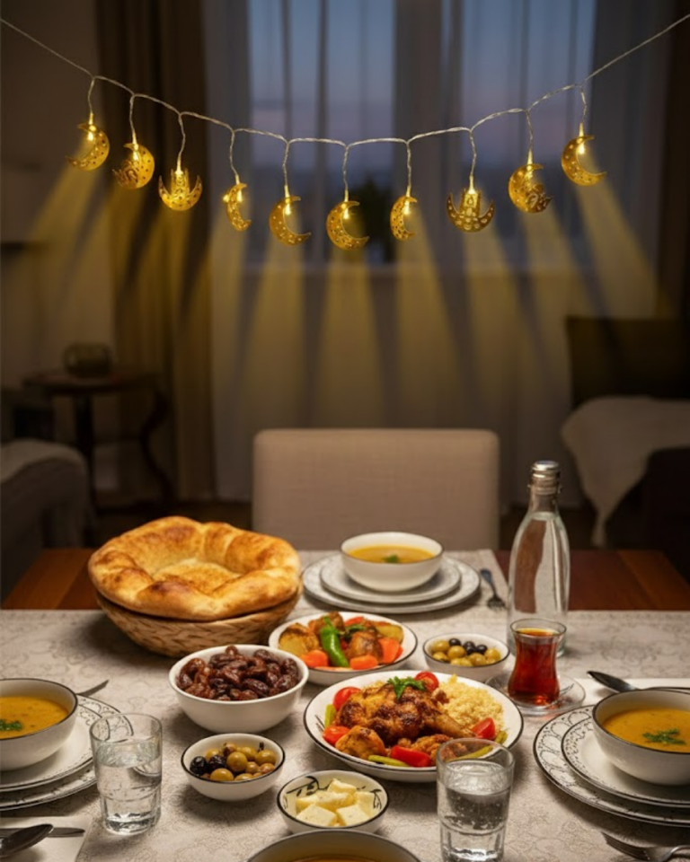 Gold Renk Metal Minareli Hilal LED Işık Pilli Ramazan Süsü