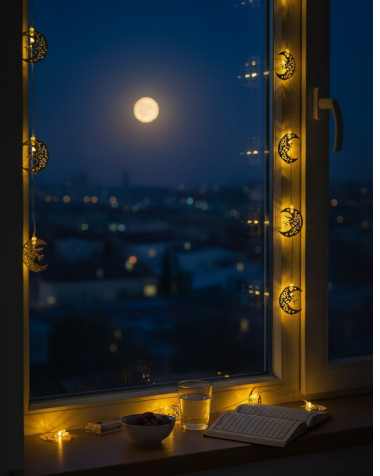 Ramazan Minare Detaylı Hilal LED Işık Günışığı Sarı Metal Süs