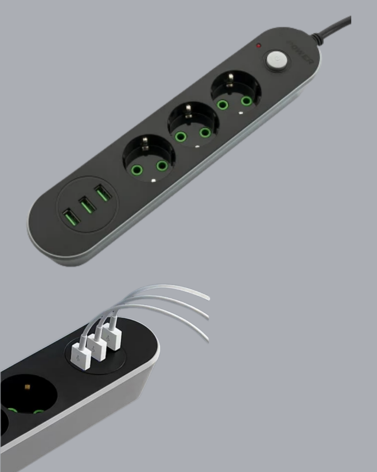 Akım Korumalı Anahtarlı USB Girişli Üçlü Priz