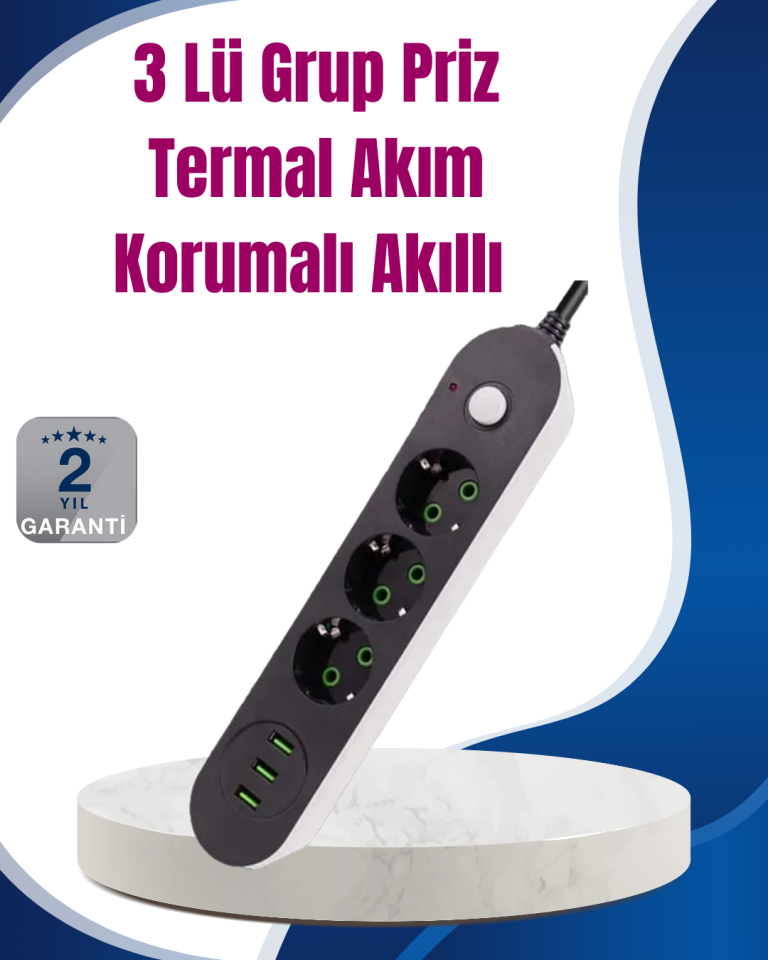 3 USB Çıkışlı Hızlı Şarjlı Anahtarlı Üçlü Priz