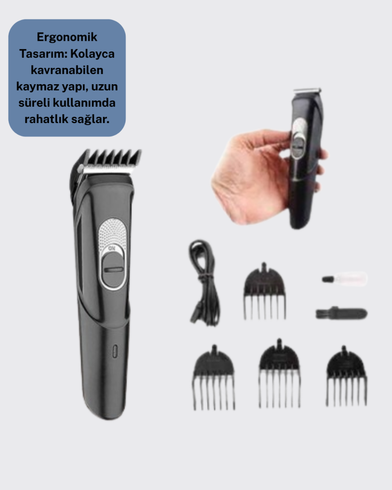Taşınabilir Şarjlı Saç Sakal Tıraş Makinesi – 3 Taraklı, Sessiz ve Ergonomik