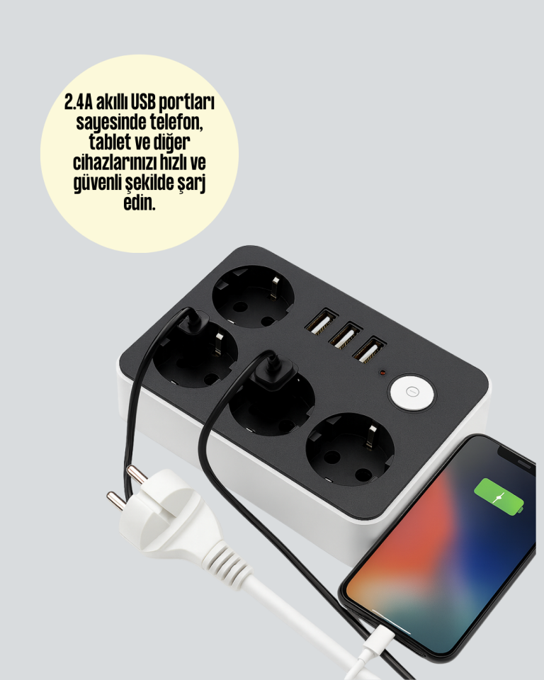 Akım Korumalı 3 USB Portlu 4’lü Priz 4.1A Hızlı Şarj