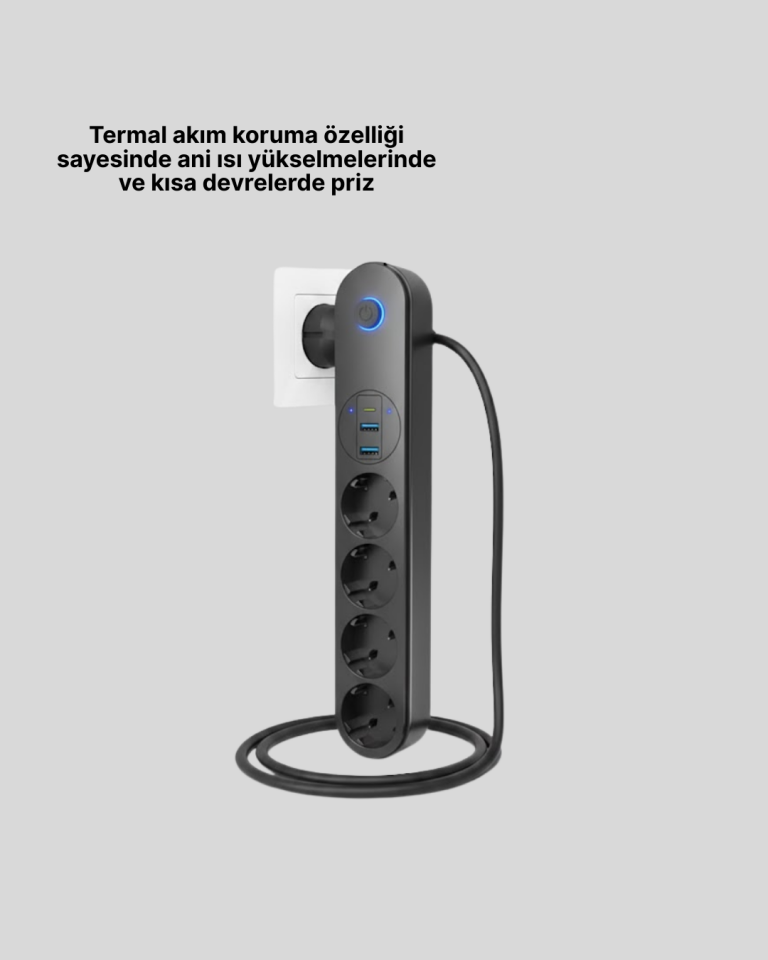 4’lü Çoklu Priz 2 USB Type-C Girişli Akım Korumalı Siyah