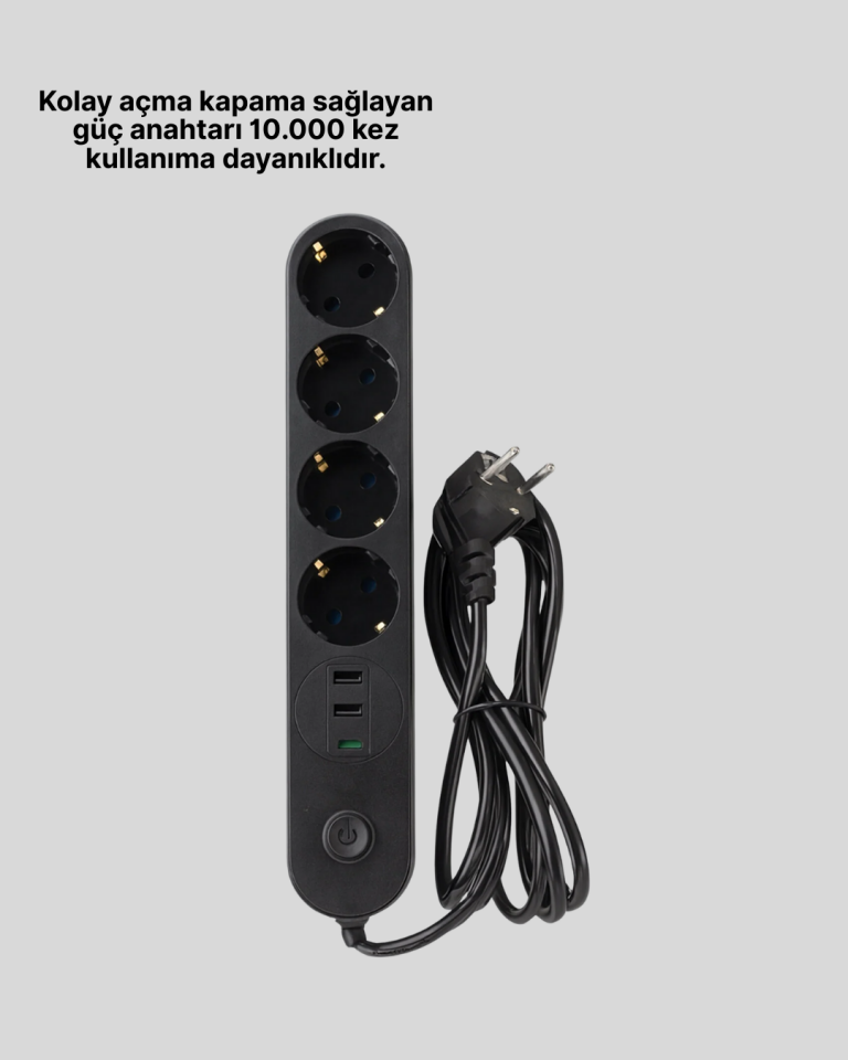 4’lü Çoklu Priz 2 USB Type-C Girişli Akım Korumalı Siyah