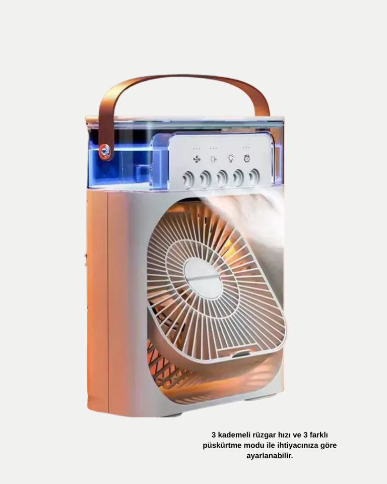 3’ü 1 Arada Mini Klima Fan USB Şarjlı, 7 Renk Gece Lambalı ve Nemlendirici