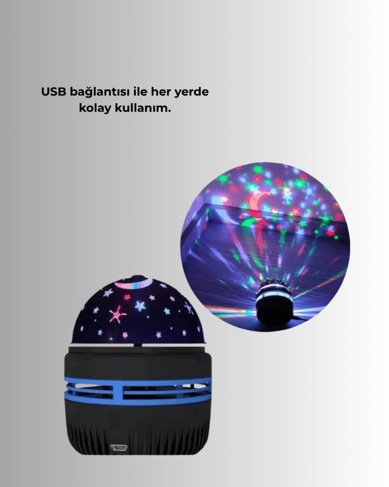 Döner Galaxy Projektör Gece Lambası – Ay ve Yıldız Işıklı Atmosfer Lamba, USB Bağlantılı