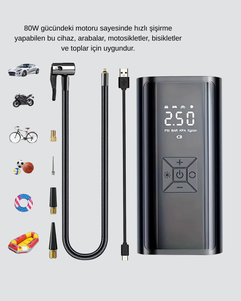 Kablosuz Dijital Lastik Şişirme Pompası LED Işıklı 80W