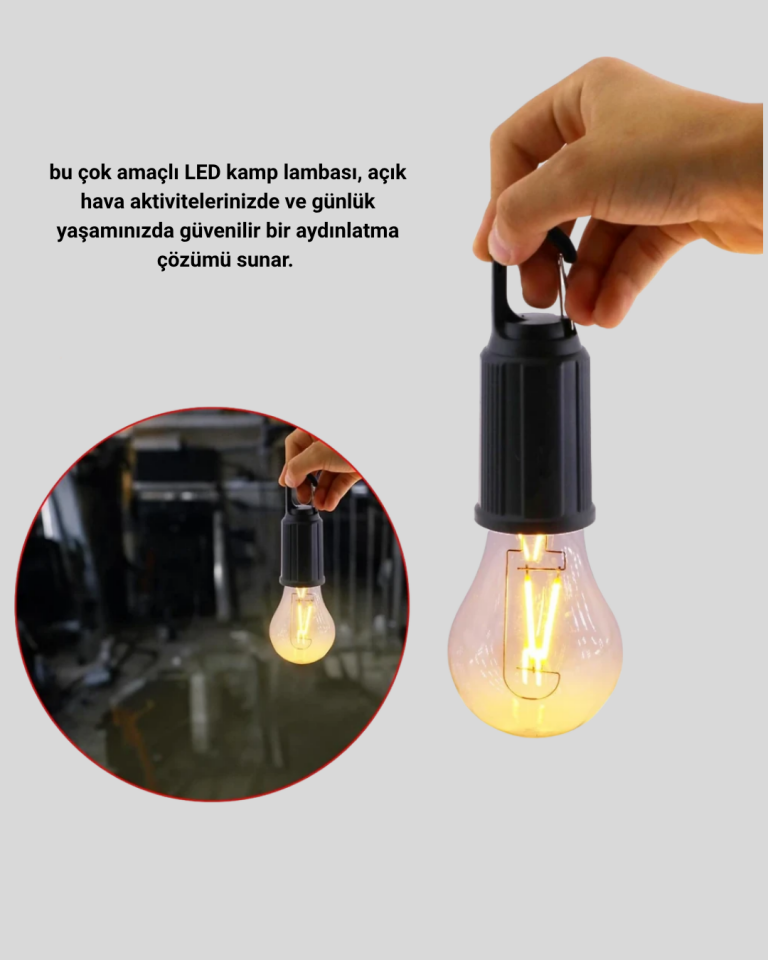 Taşınabilir Şarjlı LED Kamp Lambası – Type-C Girişli ve Kancalı Tasarım