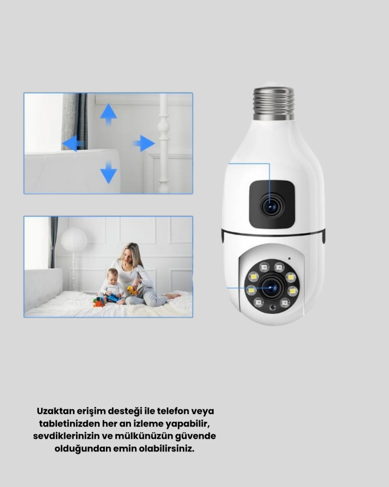 WiFi Ampul Güvenlik Kamerası 1080P Full HD Gece Görüşlü ve Hareket Algılamalı