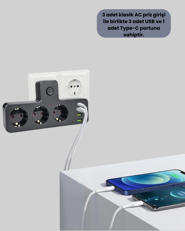 7 Portlu Çoklu Priz USB ve Type-C Girişli Akıllı Güç Ünitesi
