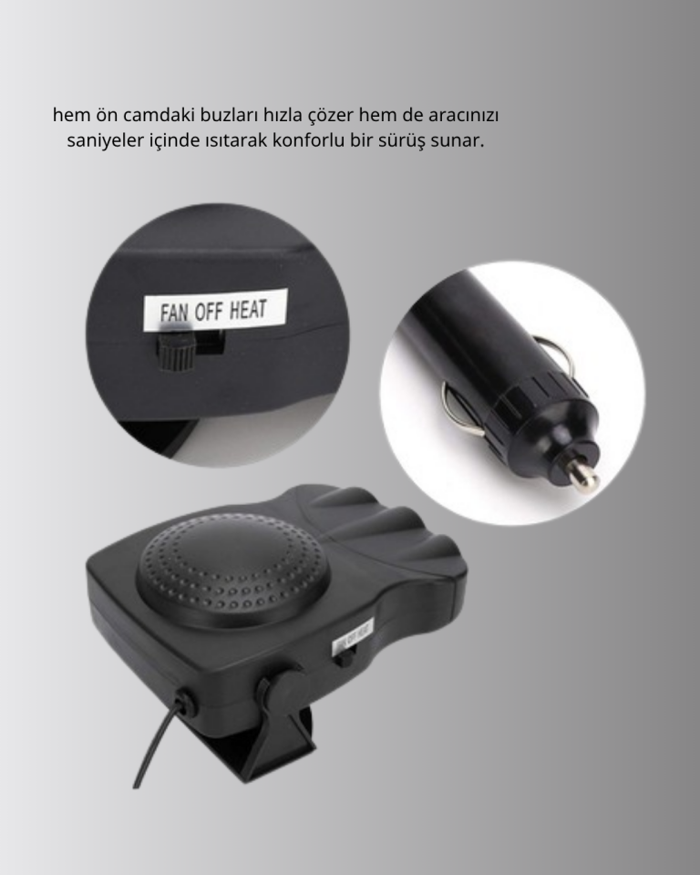 3’ü 1 Arada Araç İçi Isıtıcı ve Fan 150W Güçlü ve 360° Dönebilen Başlıklı