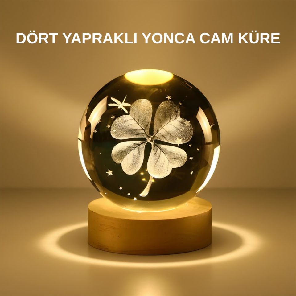 Dekoratif Yonca Görünümlü Işıklı Kristal Cam Küre USB Masa Gece Lambası
