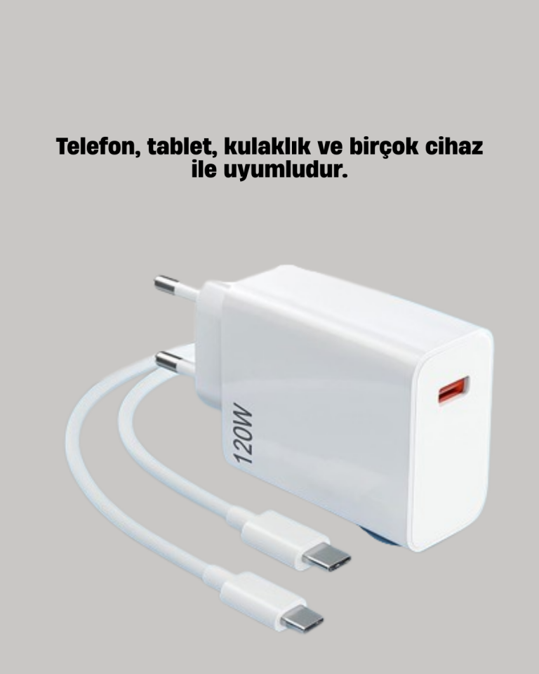 120W Güçlü Hızlı Şarj Adaptörü ve Type-C Kablo Seti – Güvenli Şarj Teknolojisi