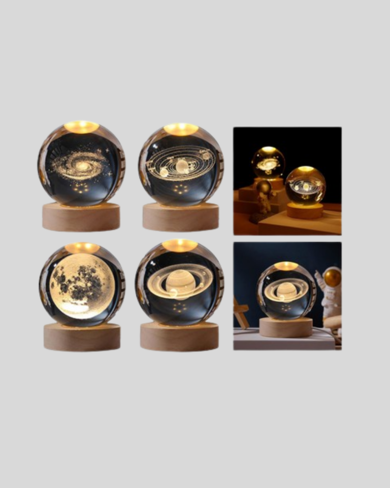 Satürn Desenli Kristal Küre LED Gece Lambası Ahşap Standlı