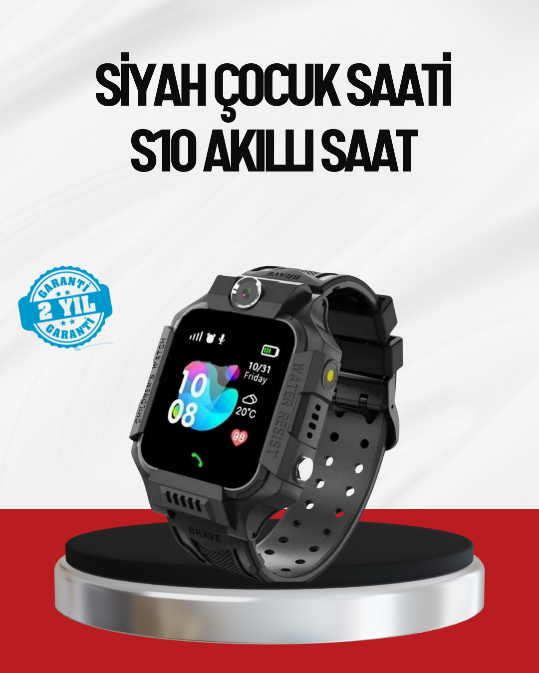 S10 Akıllı Çocuk Saati Siyah Model Çift Yönlü Konuşma ve SOS