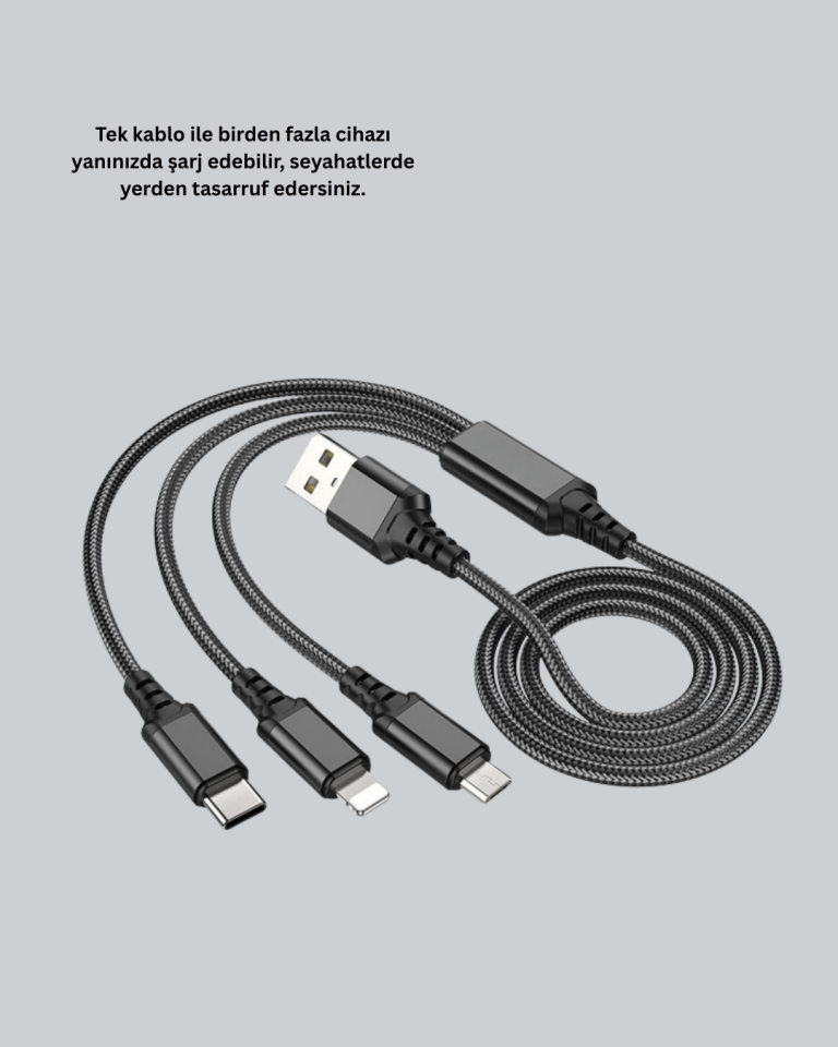 Evrensel 3 Başlıklı Şarj Kablosu – iPhone Huawei Samsung İçin