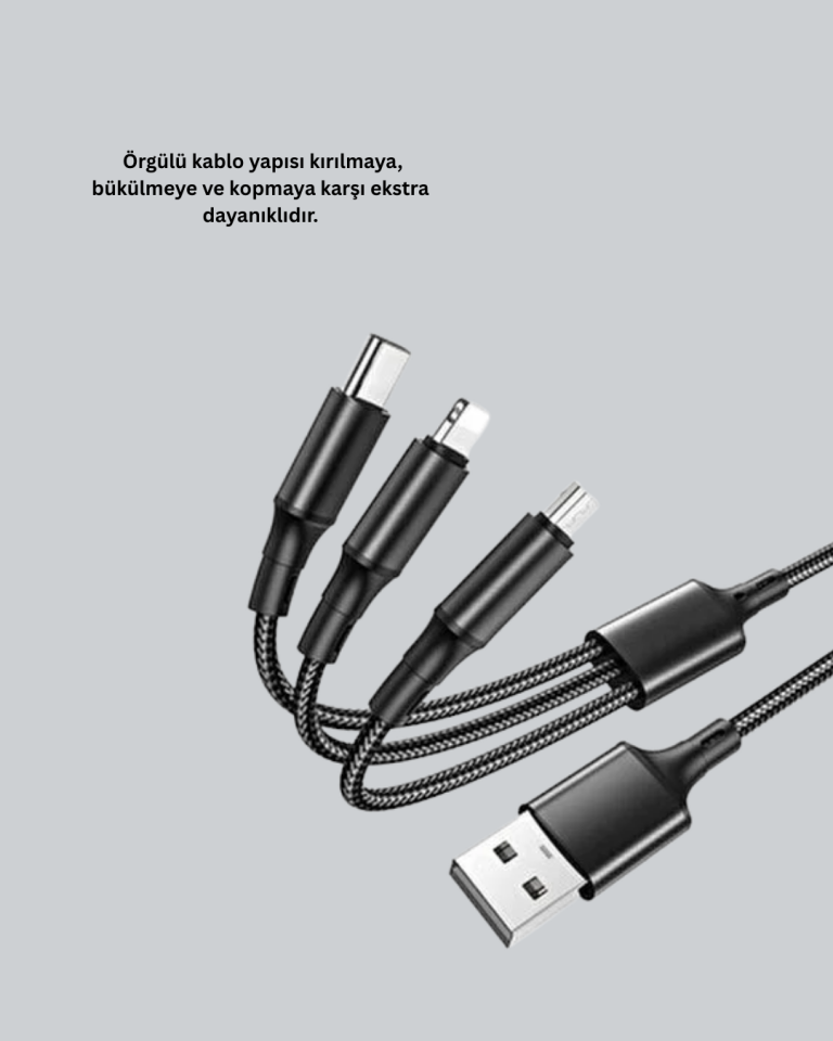Evrensel 3 Başlıklı Şarj Kablosu – iPhone Huawei Samsung İçin